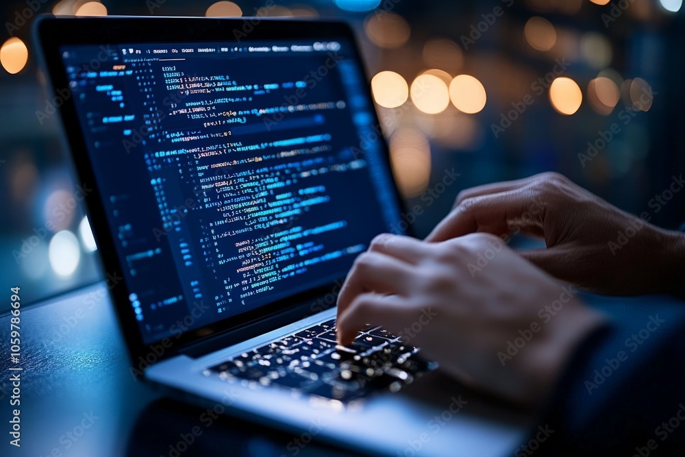 Aufkleber hands working vigorously on a laptop with luminous code highlighted brightly against a dark backdrop
