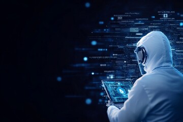 A technician in protective gear works on a complex digital hologram interface, symbolizing advanced cyber security and data protection technologies.