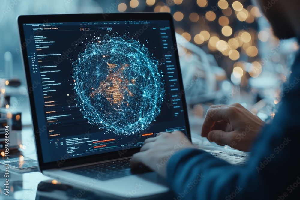 Aufkleber a laptop screen displaying a digital globe interconnected by glowing blue networks, conveying global