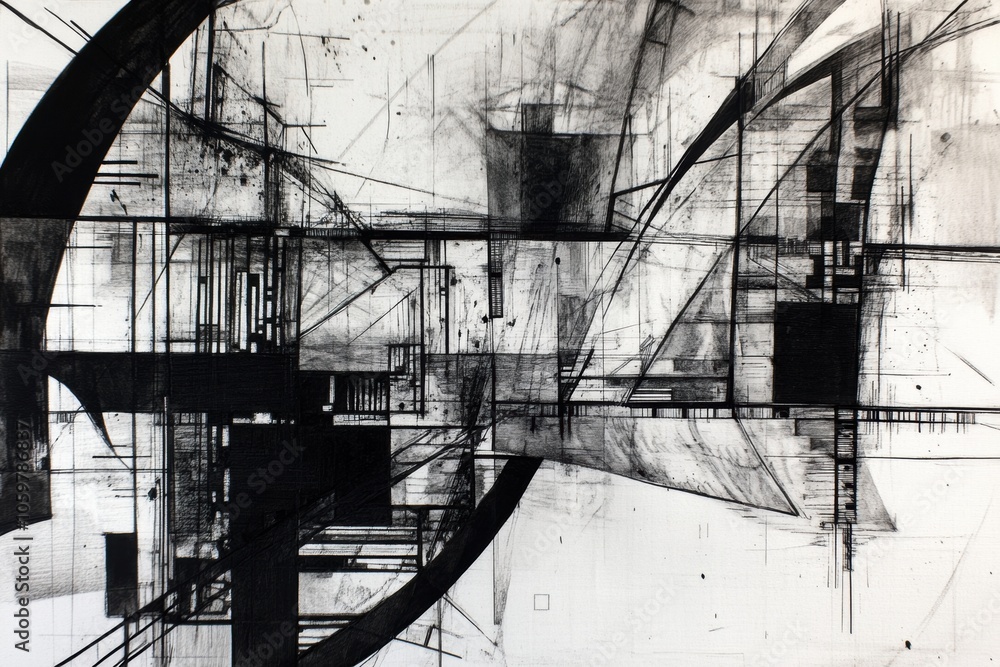 Poster lines and shapes intertwine to create a mesmerizing abstract representation of urban landscapes, evo
