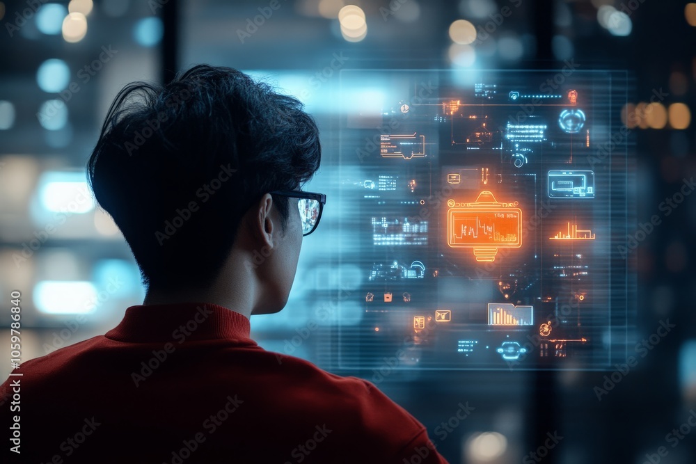 Poster a man studies a virtual digital display filled with futuristic data visuals, representing technology