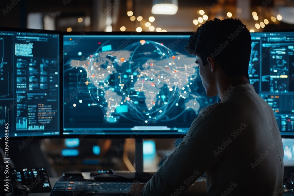 Poster a man examines a digital map on a large screen with global data insights and analytics, reflecting g