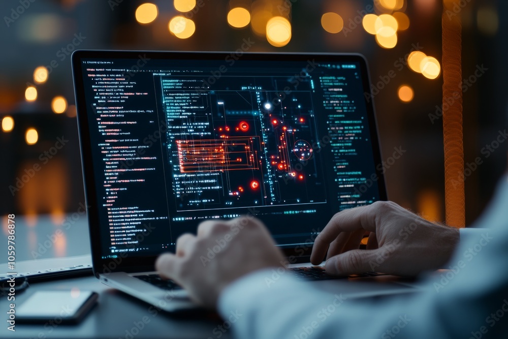 Poster a person working on a laptop with a complex digital interface coding design, showcasing advanced tec
