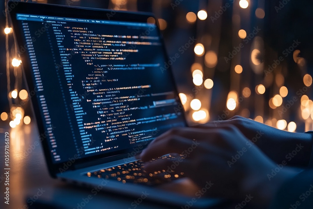 Poster a close-up of laptop displaying code, surrounded by abstract bokeh lights, illustrating programming 