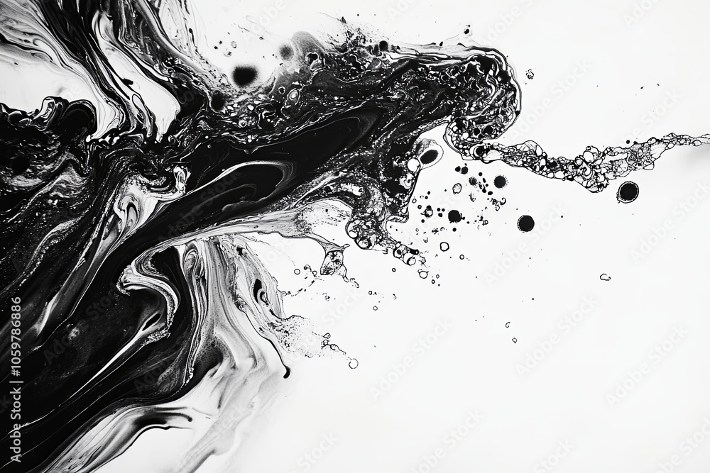 Poster abstract black and white fluid art depicting dynamic movement and swirling patterns on a smooth surf