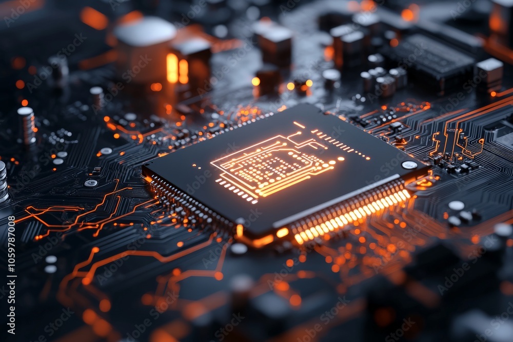 Aufkleber a detailed close-up of a glowing microchip embedded on a circuit board, showcasing the intricacies o