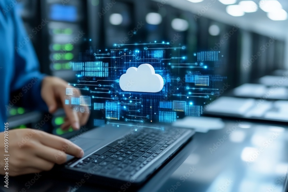 Poster a professional interacts with a laptop in a server room, featuring a digital cloud icon and connecte