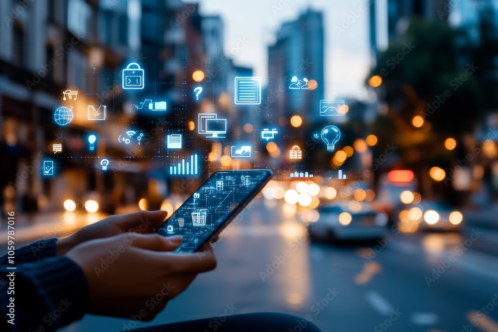 Poster A person's hand holds a smartphone displaying various floating digital icons representing applications and cloud computing, against a blurred cityscape background.
