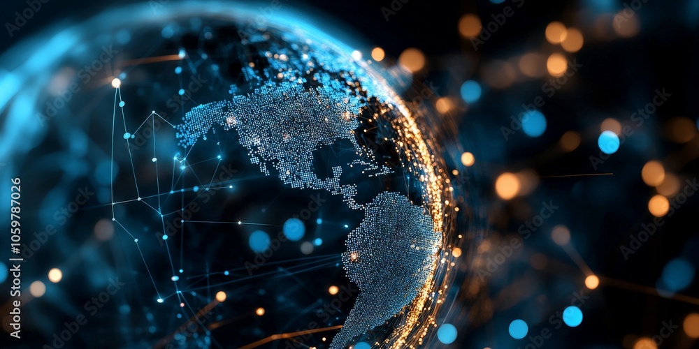 Poster a glowing digital representation of earth is crisscrossed with networking lines and dots, symbolizin