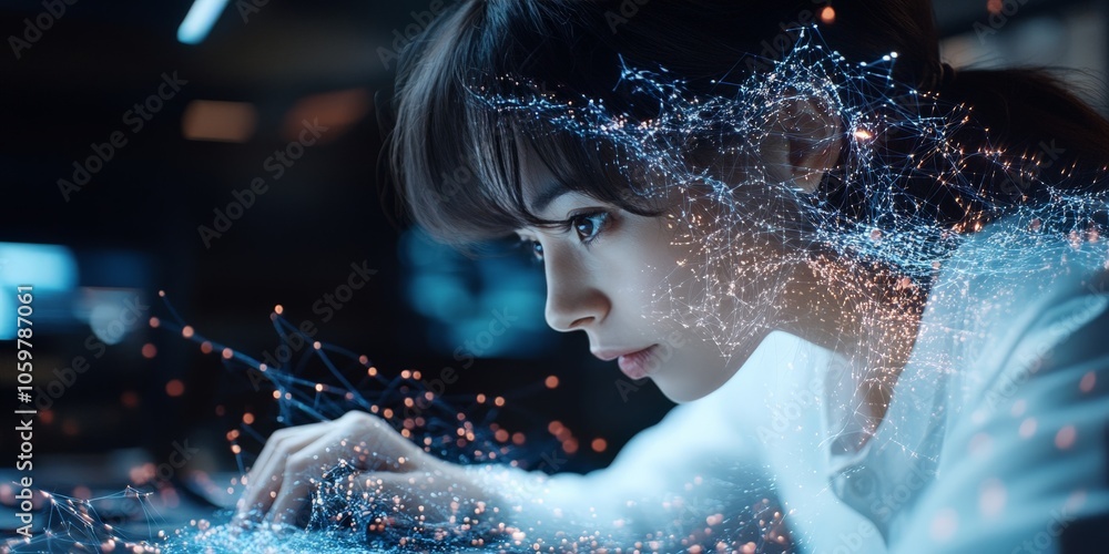 Aufkleber a focused woman interacts with a complex digital network interface symbolizing connectivity and data