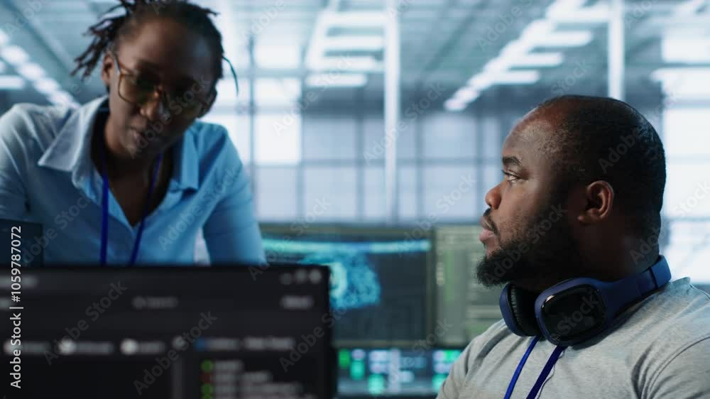 Poster engineer working with colleague on computer in high tech data center establishment monitoring hardwa