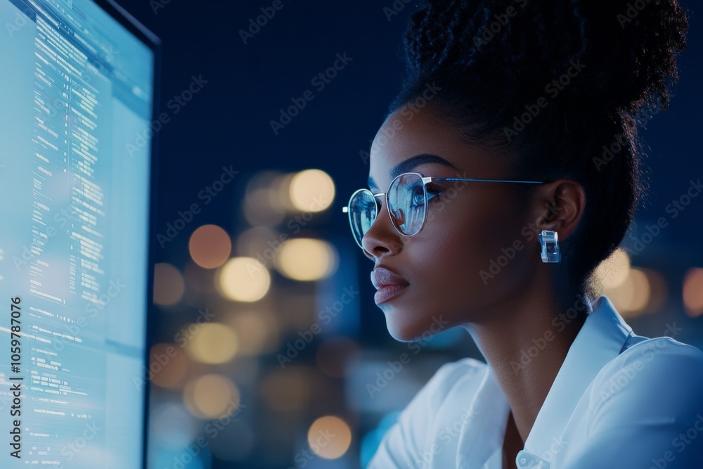 Poster a woman engrossed in coding on a computer, surrounded by the glow of a monitor in a sleek modern off