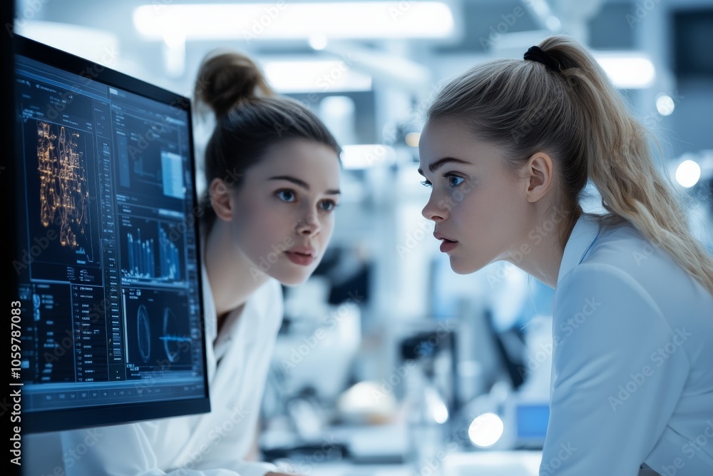 Poster two women are intently examining a computer monitor displaying data and graphs in a modern, high-tec