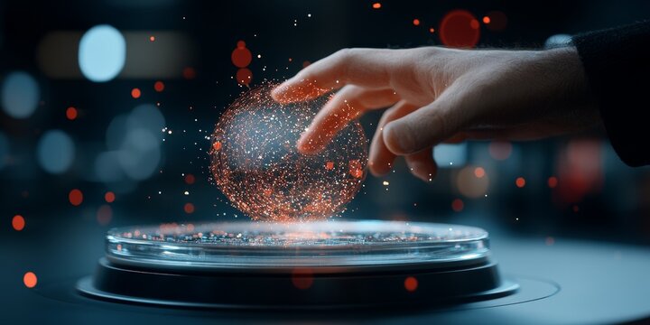 A hand reaches out to interact with a holographic digital sphere filled with sparks and lights, showcasing advancements in technology and interactive experiences.