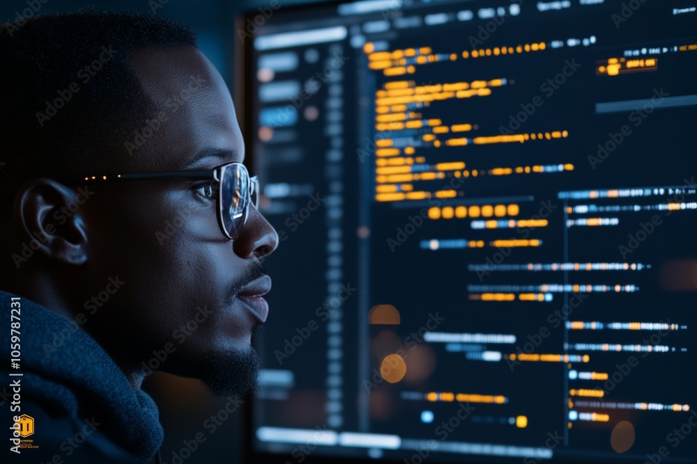 Poster a programmer with glasses is intensely focused on a computer screen, analyzing complex code at night