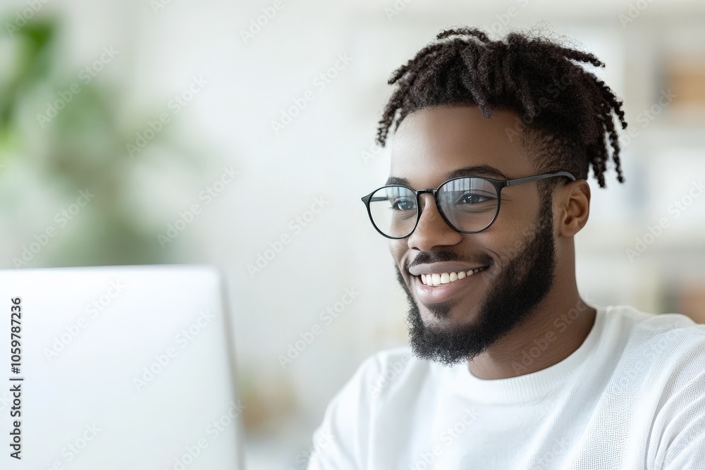Poster a smiling man with glasses is using a computer, radiating joy and satisfaction, creating a positive 