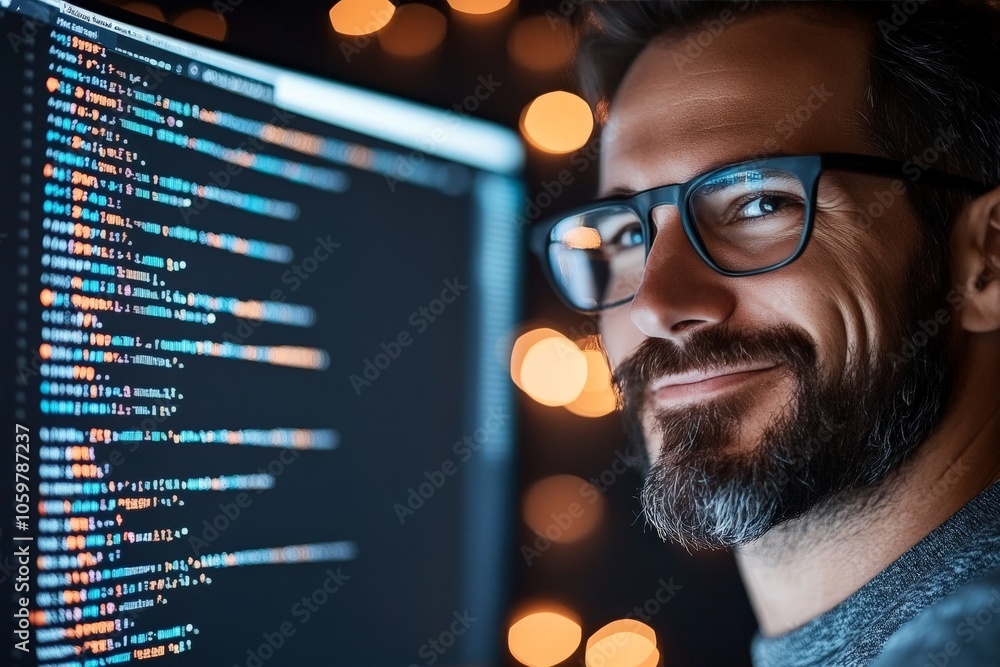 Poster a confident man with glasses smiles in front of a computer, viewing code on the screen, conveying sa