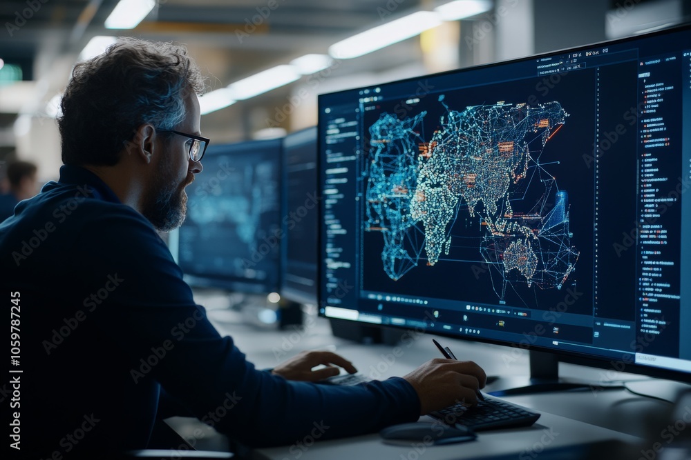Poster a man with glasses intensely focuses on a computer displaying a global network, symbolizing data ana