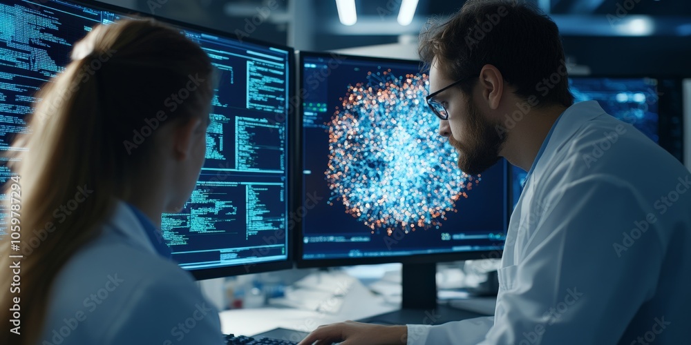 Poster two scientists in lab coats are studying complex data visualizations on computer screens, representi