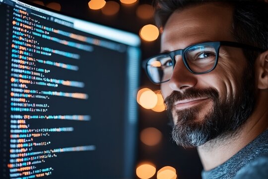 A confident man with glasses smiles in front of a computer, viewing code on the screen, conveying satisfaction, success, and a keen sense of accomplishment.