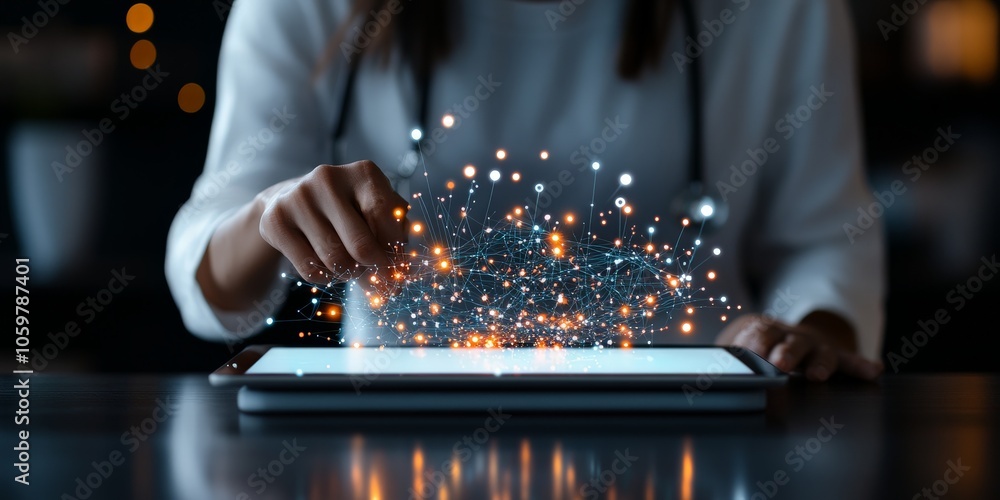 Aufkleber a person engages with a glowing network illustration on a tablet screen, representing digital connec