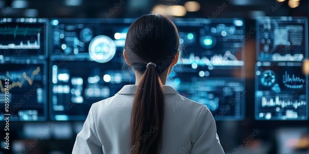 Poster a researcher observes and interprets complex data graphs on multiple large screens, portraying a sce