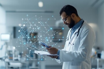 A medical professional examines a clipboard with a futuristic digital network overlay, demonstrating the fusion of traditional and digital medical practices in healthcare.