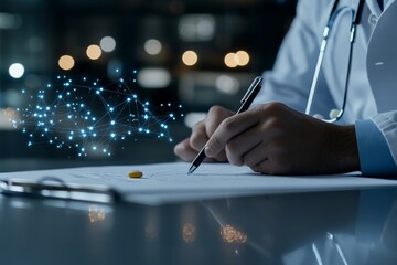 A doctor's hand writing on a paper with an overlay of a digital network, symbolizing the integration of technology and healthcare in modern medical practices.