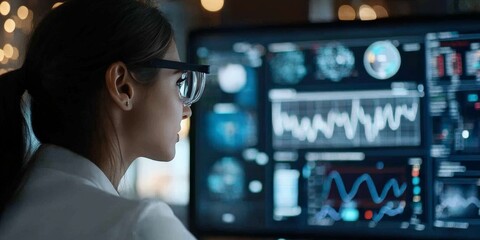 A scientist focused on analyzing complex data and graphs on a large computer screen, emphasizing scientific research and technological advancement.