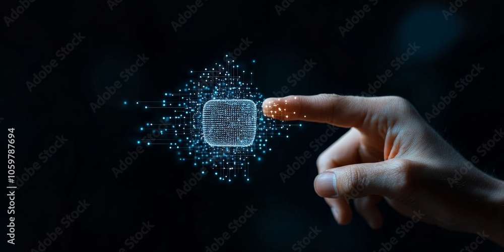 Poster a digitally rendered finger interacts with an interface, creating data visualizations in mid-air, sy