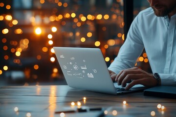 A focused individual works on a laptop in a cozy setting, with a digital overlay of icons, emphasizing productivity and digital connectivity in a warm atmosphere.