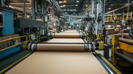 Industrial rollers pressing and drying paperboard material, creating thick sheets for packaging in a bustling factory environment.