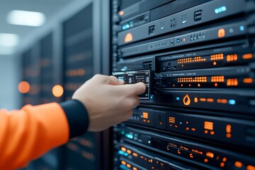 A close-up view of a hand in a bright sleeve adjusting server hardware inside a data center, highlighting precision and attention to technological detail.