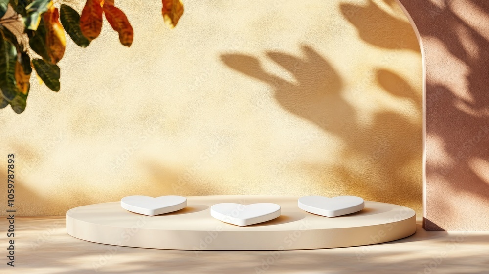 Poster heart shapes on a minimalist display platform