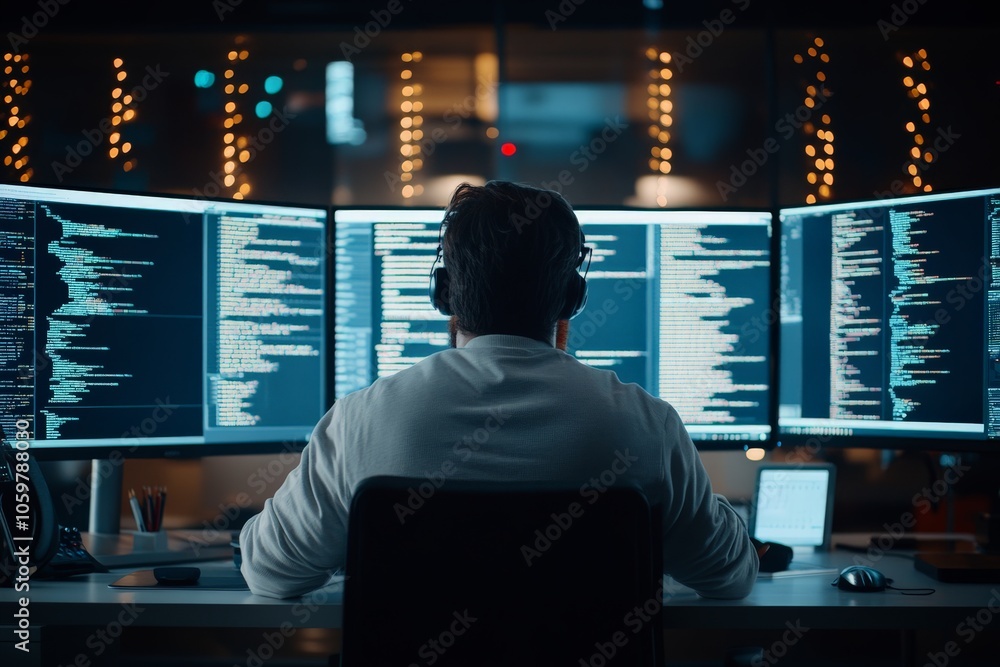 Poster a person intensely programming on multiple screens in a dimly lit room, depicting a server or contro
