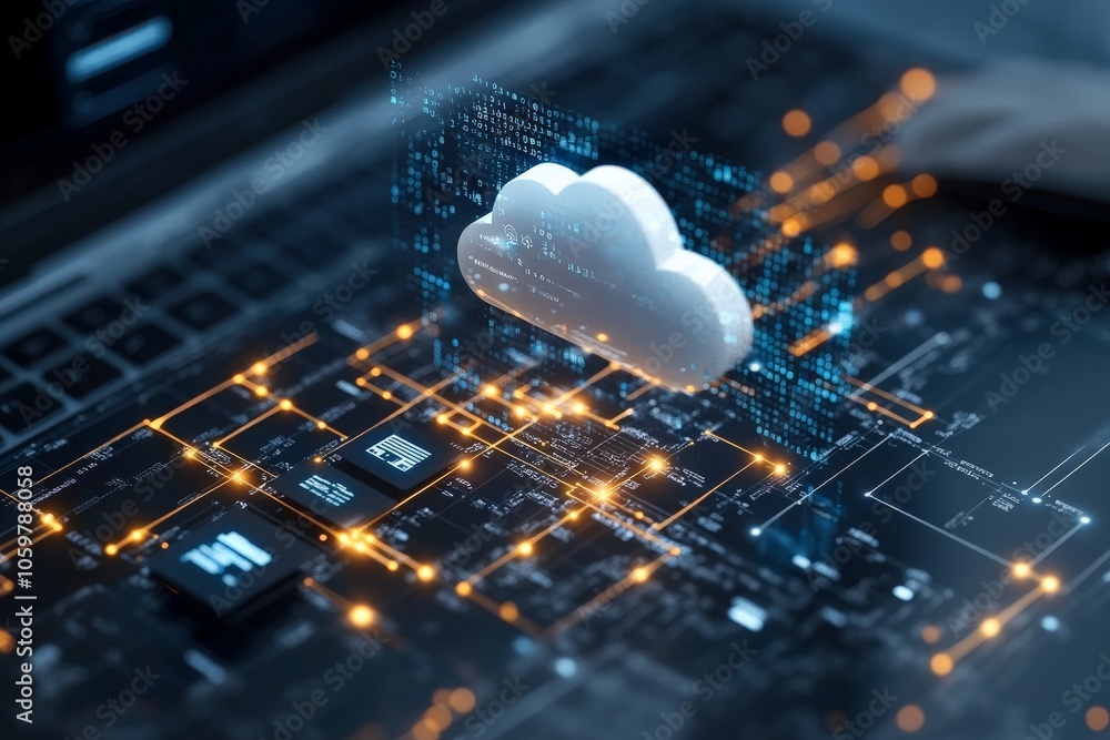 Poster the image features a digital cloud hovering above a circuit board, symbolizing cloud computing, conn