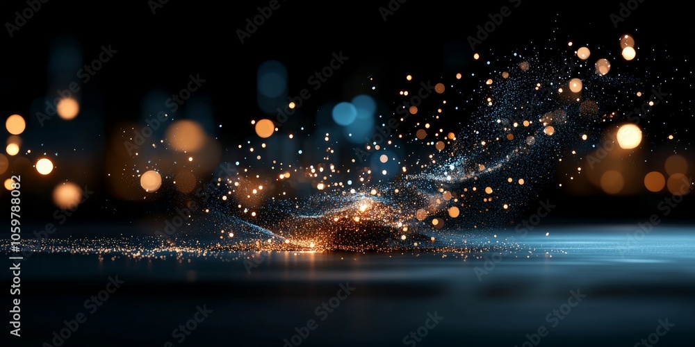 Poster a dynamic image capturing swirling particles of light in an abstract form, with a play of orange and