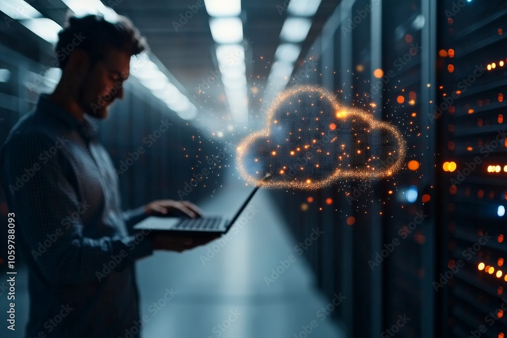 Poster a man works on a laptop with a visualization of a digital cloud hovering above in a server room, sym