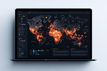 A digital map showing glowing network connections worldwide, emphasizing technological connectivity and global data exchange in a futuristic interface style.