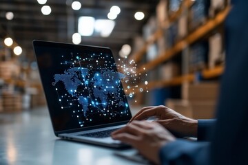 A digital world map displayed on a laptop inside a warehouse suggests global connectivity, logistics, and digitalization in modern industrial spaces.