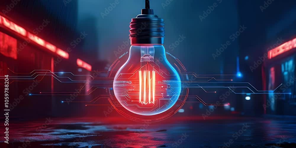 Poster a glowing lightbulb with a red glow surrounded by blue circuit lines in a dark urban setting with re