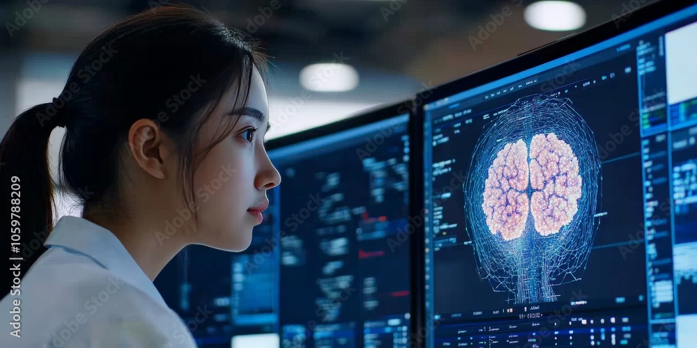 Poster a scientist examines intricate brain imagery on dual-screen setup, showcasing the merger of science 