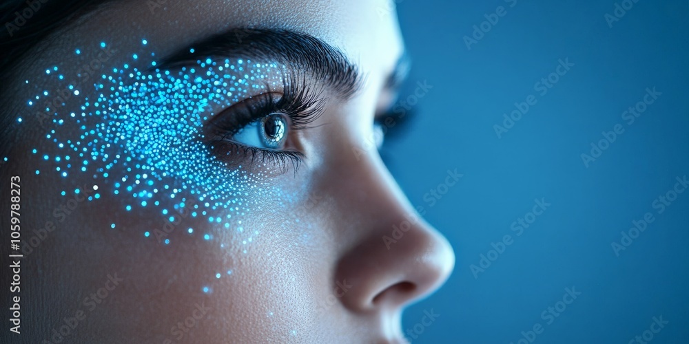 Poster a profile view of a face augmented with digital pixelated elements, illustrating the blend of human 