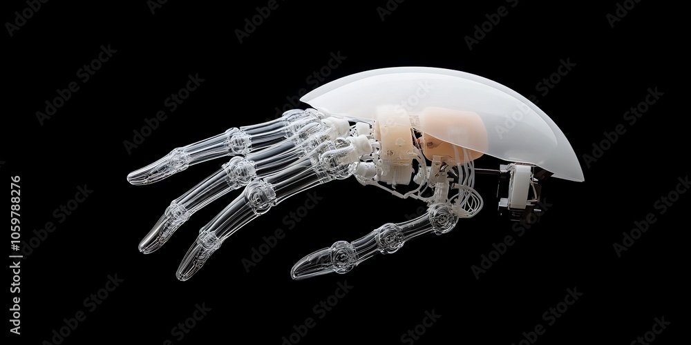 Poster a 3d-rendered image depicting the design of a futuristic robotic hand showing bones and structures, 