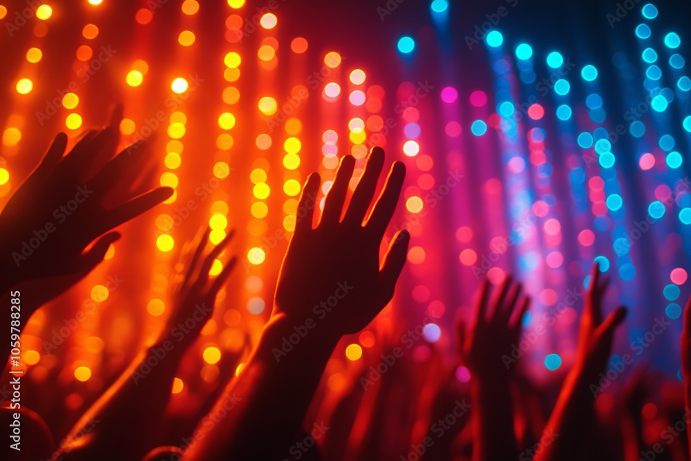 Poster crowd with raised hands enjoying vibrant light display at nighttime event in a lively urban setting.