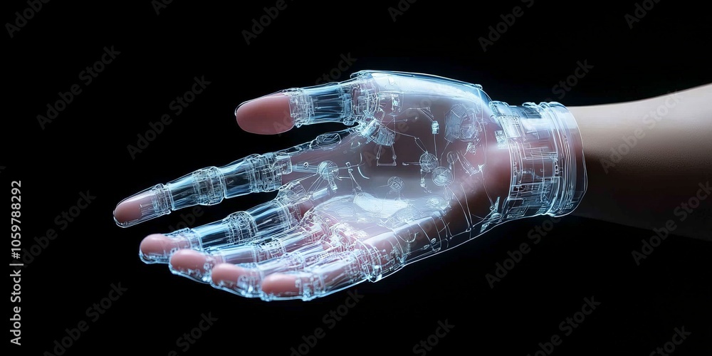 Aufkleber a robotic hand displayed with a glowing circuit design, set in blue light, showcasing cutting-edge e