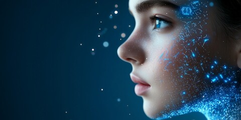 A close-up portrait of a human face enhanced with digital augmentation, representing the intersection of humanity and advanced technology through facial recognition.
