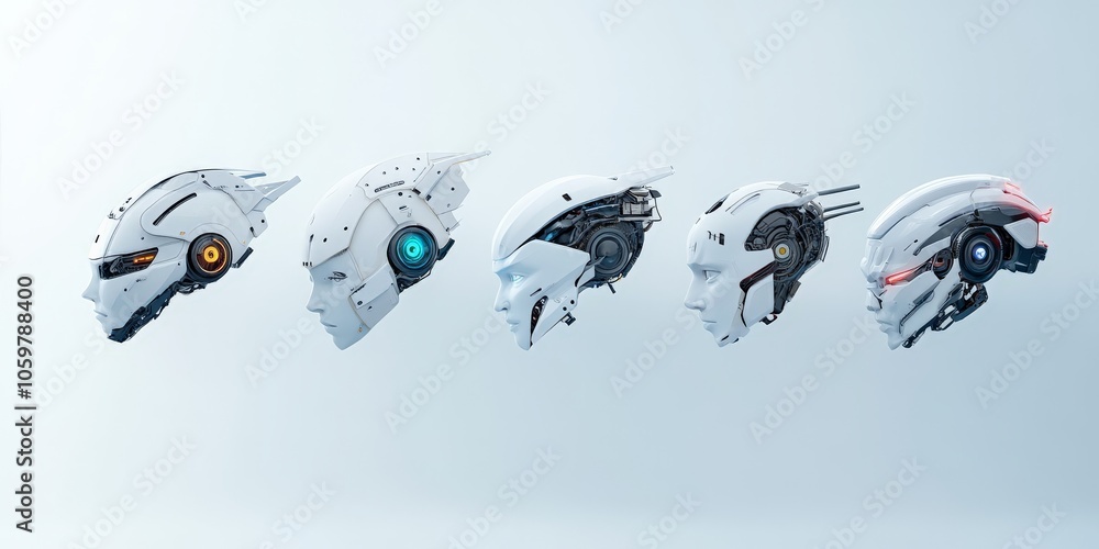 Poster a sequence of robotic heads displaying futuristic tech designs, emphasizing the evolution, creativit