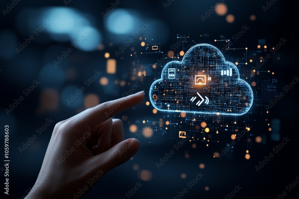 Aufkleber a hand reaches toward a glowing digital cloud filled with data and application icons, symbolizing mo