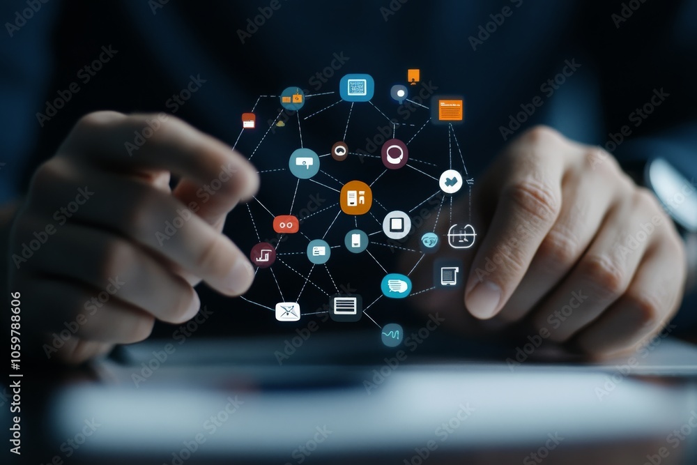 Poster two hands interact with a complex network of interconnected digital nodes and symbols, reflecting th